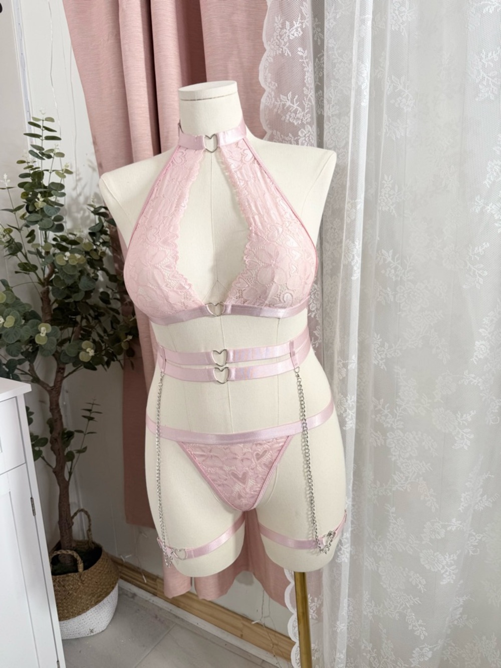 Pink Lace Heart Harness Lingerie Set BIN#11